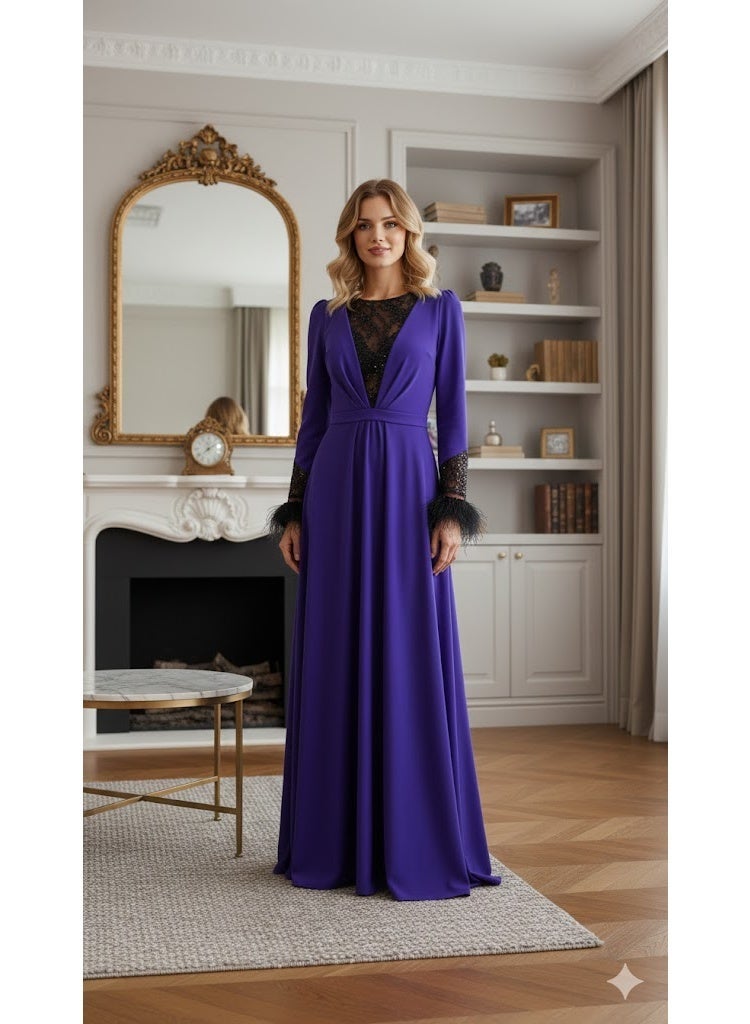 FULL JOY Elegant Maxi  Evening Dress  with Embroidered Black Lace With Long sleeves; Fashion and Modern Dress. - Image 1